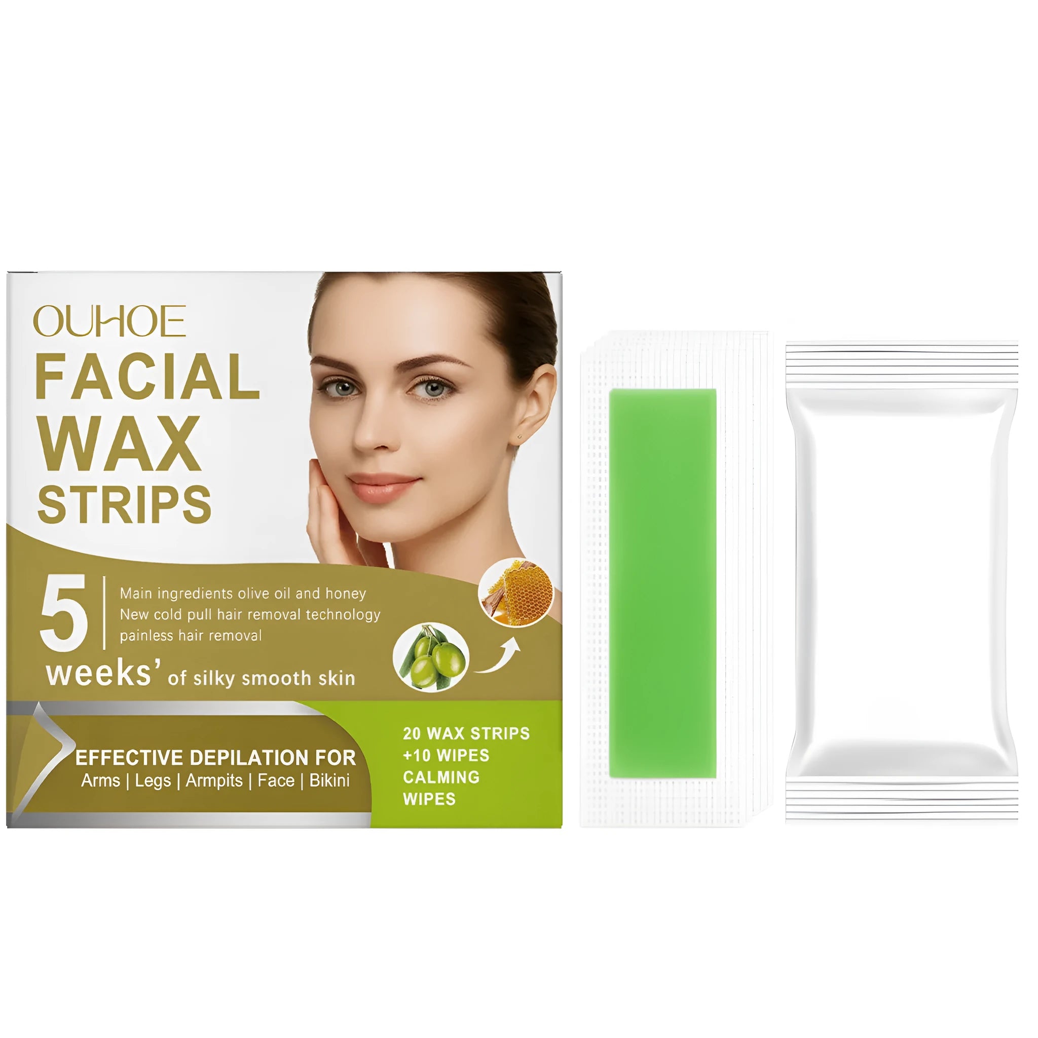 Gentle facial hair removal wax paper strips with natural ingredients including beeswax and jojoba oil