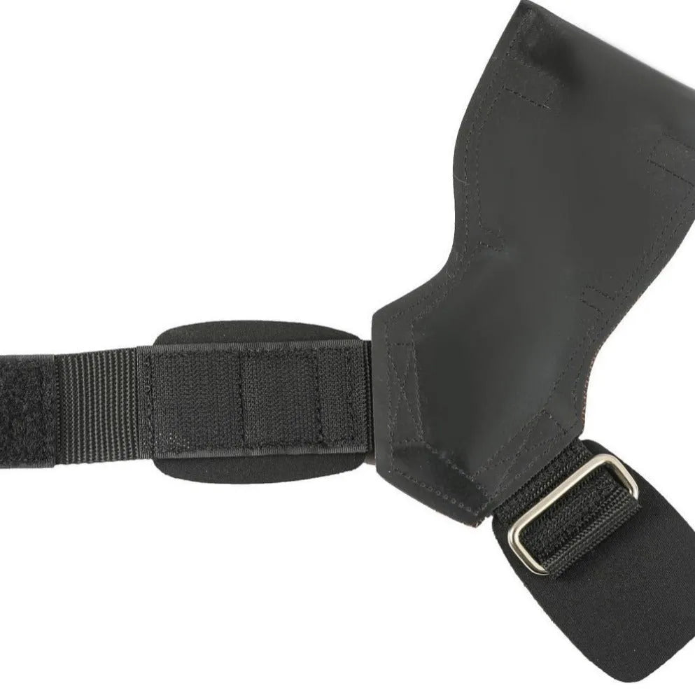Black rubber weightlifting palm protector belt for non-slip grip during barbell and rock climbing.