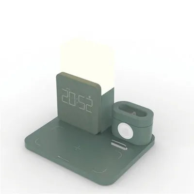 A dark green 3-in-1 wireless charging stand for iPhone, Apple Watch, and AirPods on a desk.