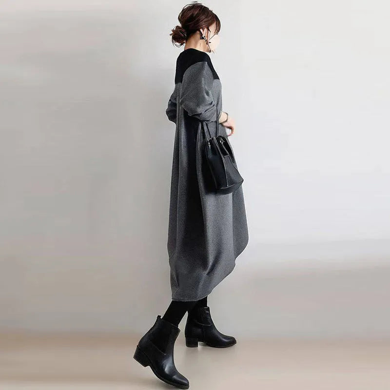Loose oversized round neck patchwork dress for women, flutter sleeves, high waist pencil skirt, in gray colour