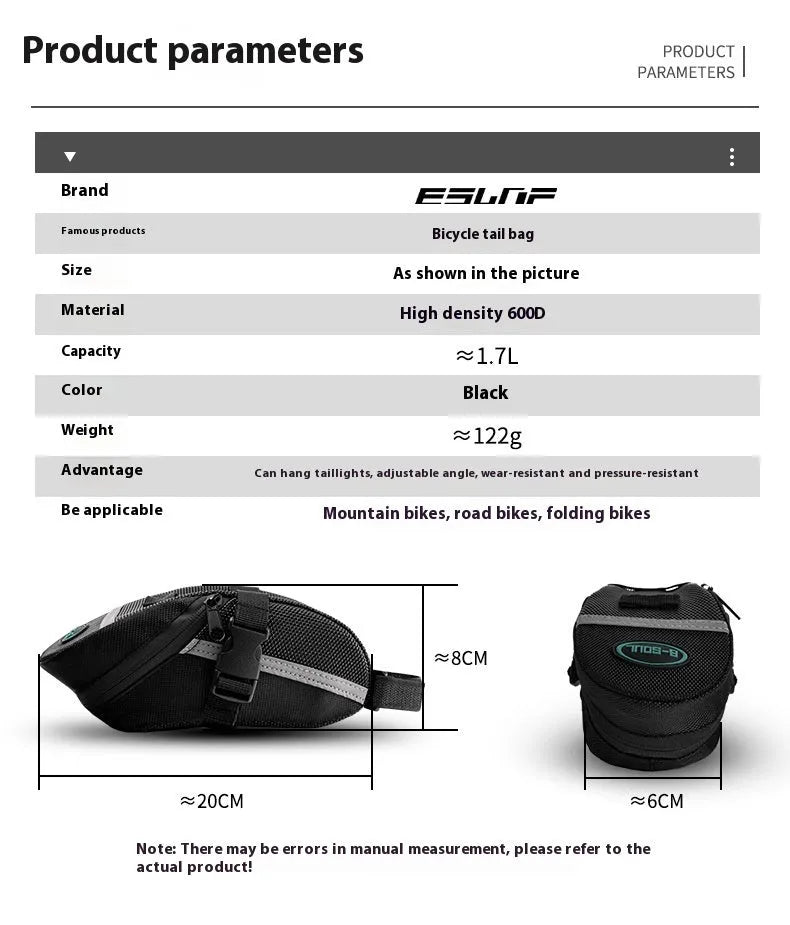 Black quick release bicycle saddle bag mounted under a bike seat