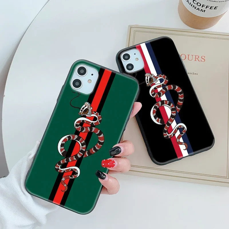 Black frosted soft silicone iPhone case with a cartoon snake UV painting design on the back.