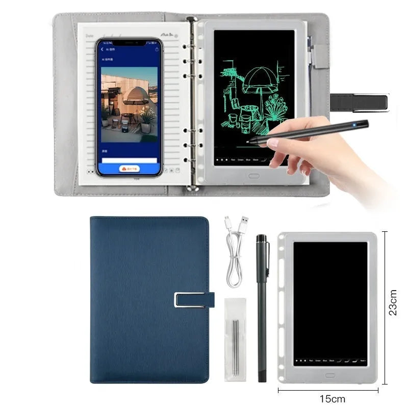 85-inch electronic writing pad with stitching design, smart pen, and USB cable in black, dark blue, or sky blue