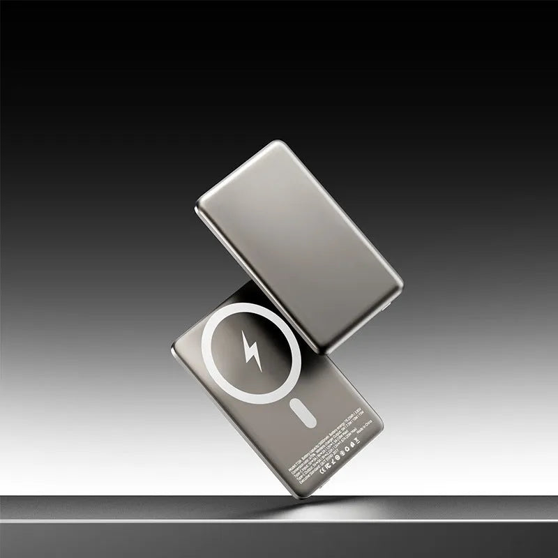 Gun grey magnetic wireless power bank with alloy shell showing ultra-thin 9mm profile
