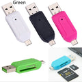 White micro USB OTG card reader for SD and TF memory cards next to an Android phone.