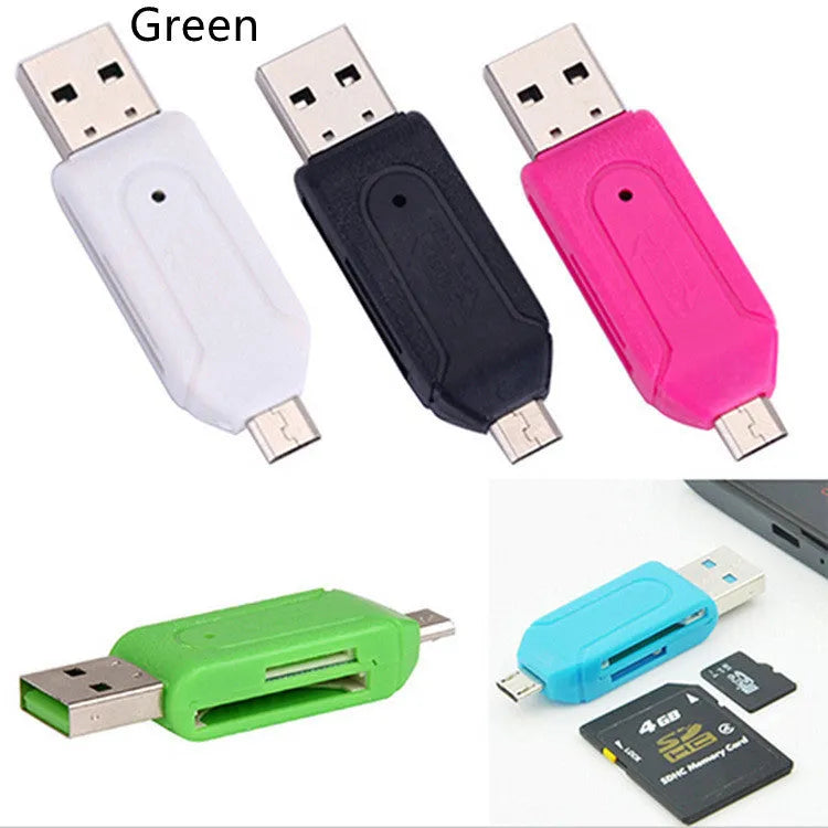 White micro USB OTG card reader for SD and TF memory cards next to an Android phone.