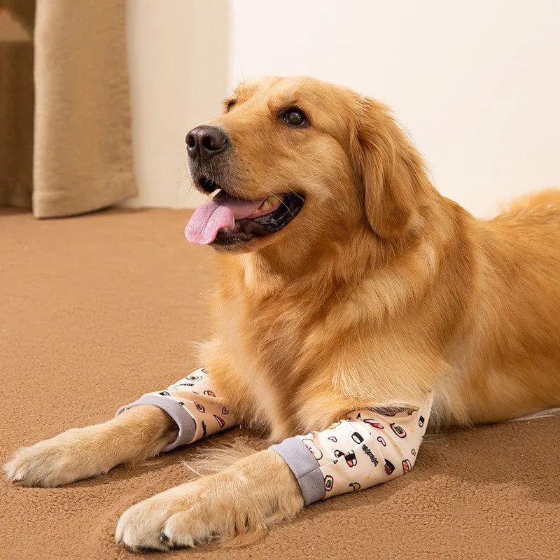 Adjustable dog knee protector sleeve with elbow padding and matching scarf in blue, grey or yellow colours