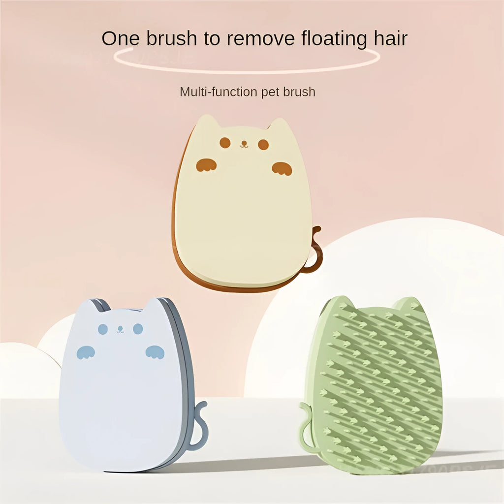 Brown silicone pet grooming brush with dual-texture comb teeth on a white background.