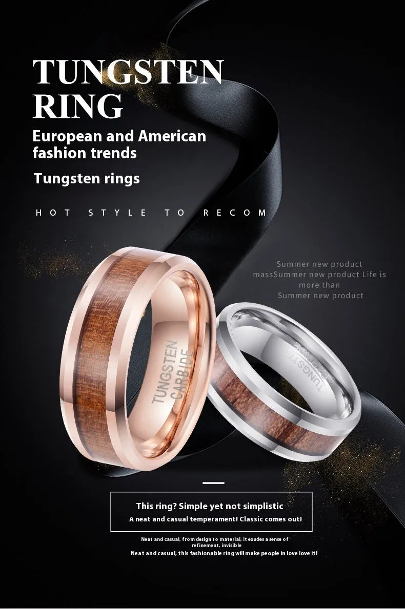 8mm wide U-shaped tungsten gold electroplated ring in rose gold or steel colour