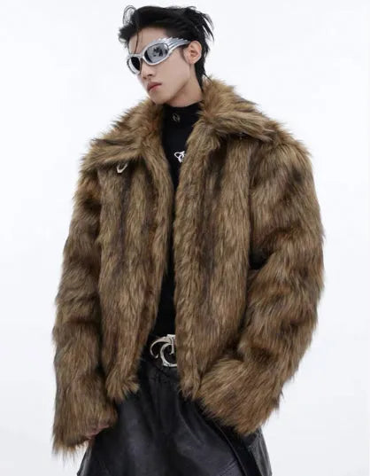Men's long faux fur coat in raccoon fur colour with fur collar and regular sleeves