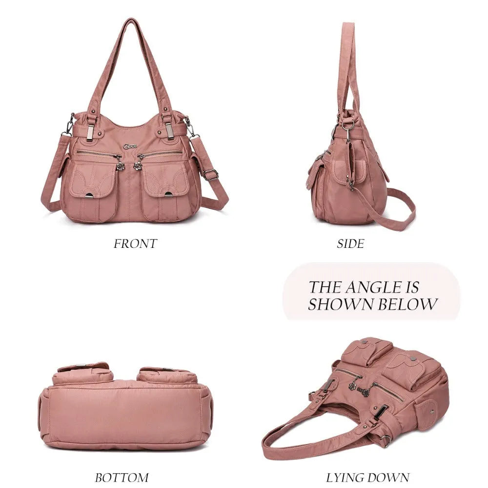 Fashion ladies soft PU leather messenger bag in pink with zipper closure and crossbody strap