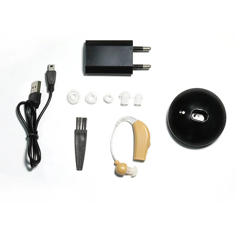 Black silicone rechargeable hearing aid amplifier for the elderly with charging cable