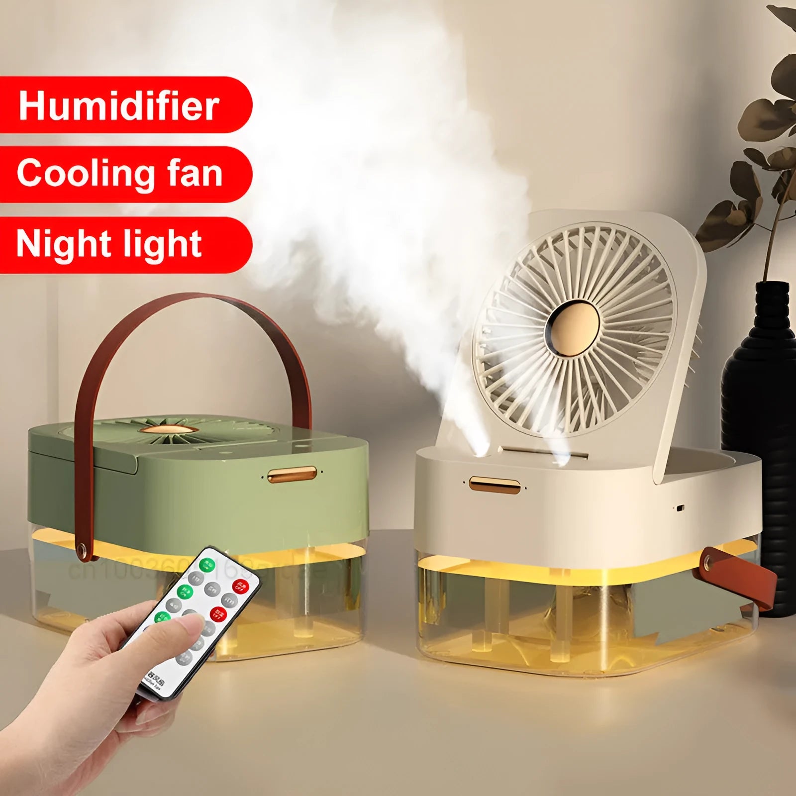 Portable pearl white USB desktop humidifier fan with night light on a wooden desk.