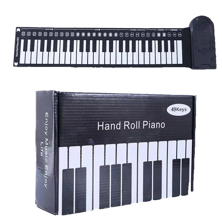 Pearl white portable electronic keyboard with rolled-out silicone keys and compact ABS plastic control panel.
