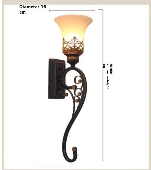 American wrought iron single head wall lamp with glass shade 55cm height black finish