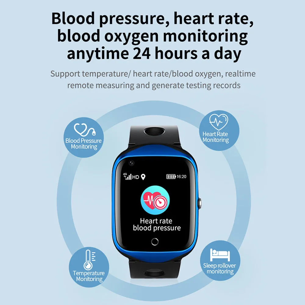 Black smartwatch for elderly with square colour screen and silicone strap, showing GPS and SOS features.