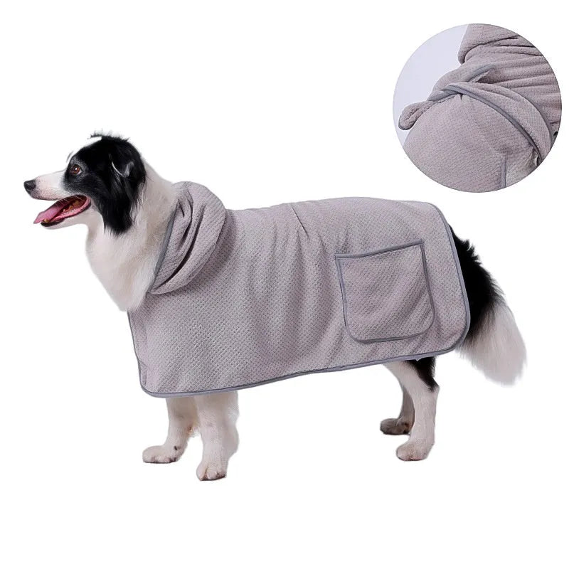 Blue adjustable dog bath robe towel drying a golden retriever after a bath.