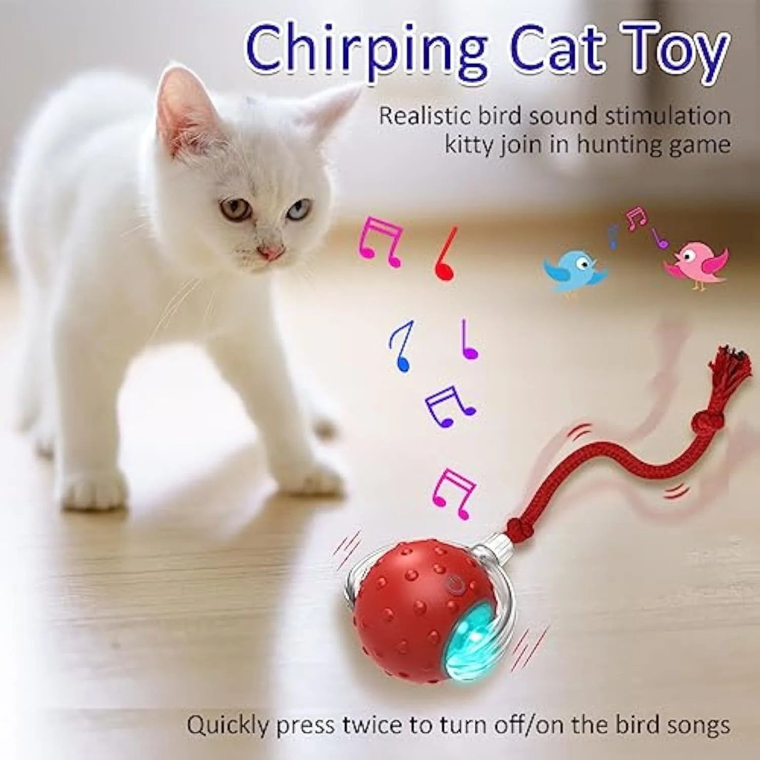 Red plastic interactive cat toy with motion activated chirping rolling on carpet for kittens