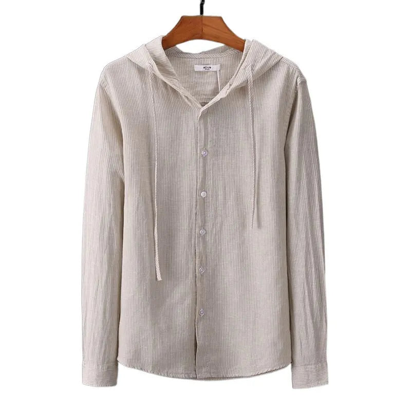 Hooded Tether Thin Loose Long Linen Sleeves Men's Shirt Plus Size Stripes Comfort Fit Pullover Adult Male Casual Leisure Top White Black Gray Sky Blue Apricot Wool Lining Four-Sided Elastic Fabric