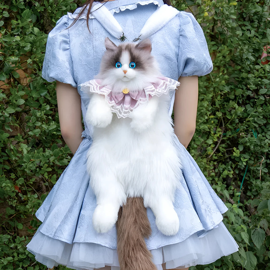 Bicolor ragdoll cat plush backpack for women with gift box, cleaning solution, comb and greeting card