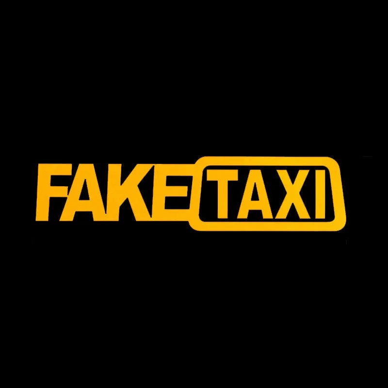 FAKE TAXI car warning sticker in black, white and yellow colours showing 20x8cm waterproof PET vinyl decal