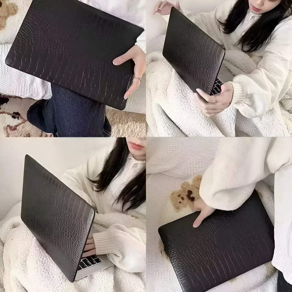 MacBook protective case with crocodile pattern texture and hollowed-out Apple logo in black, white, or soft pink