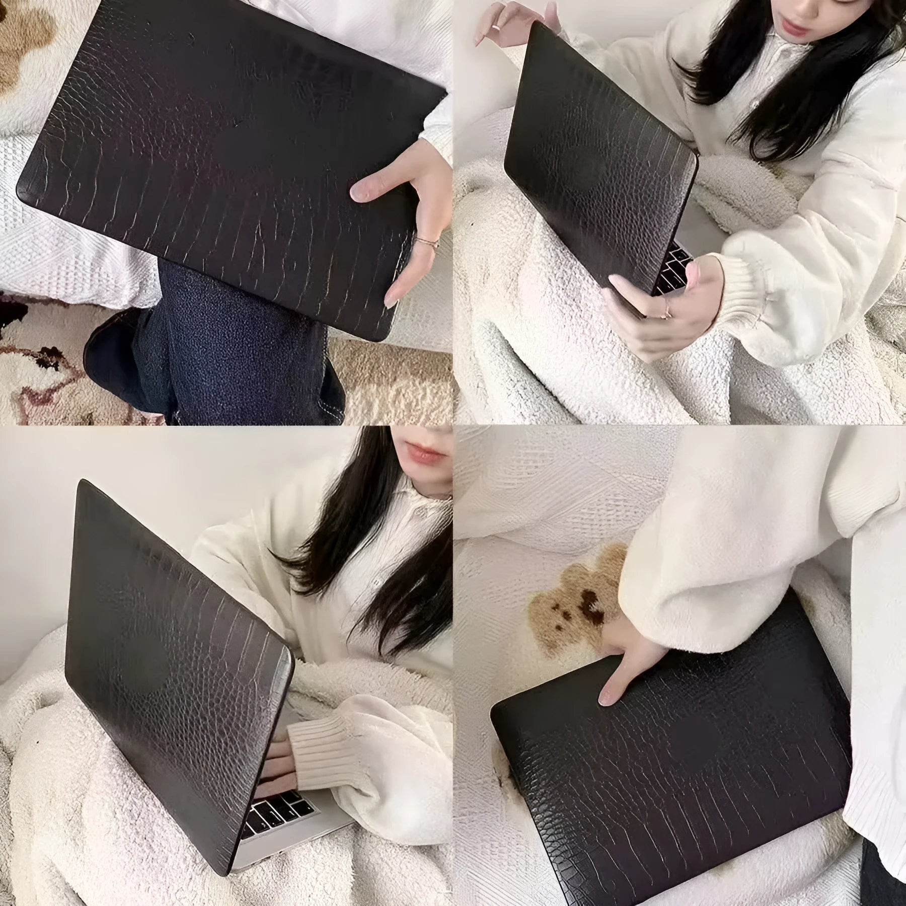 MacBook protective case with crocodile pattern texture and hollowed-out Apple logo in black, white, or soft pink