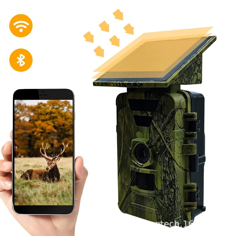 WiFi solar outdoor camera with 8K/5K resolution, Type C charging, and ABS body, 100x75x190mm.