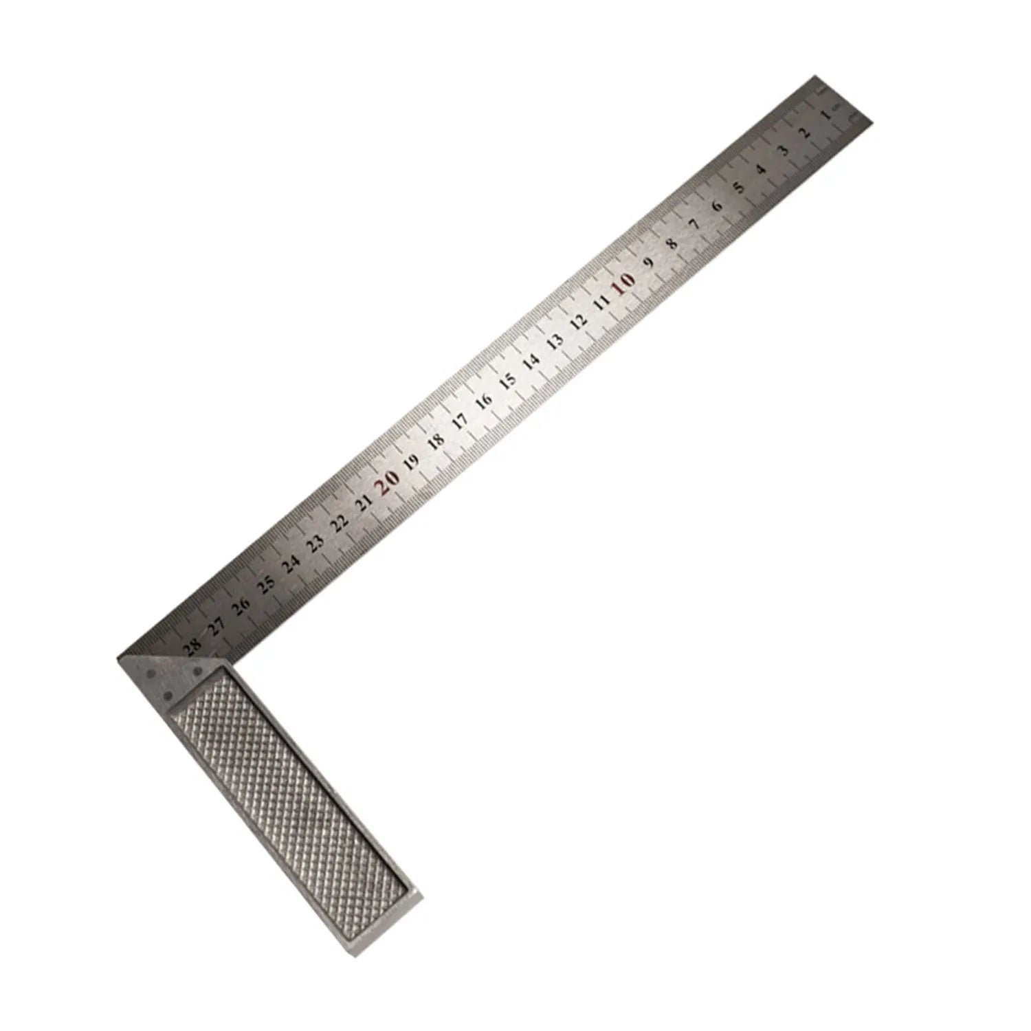 Thin red 7 inch metal combination angle ruler with dual measurement scales for civil surveying