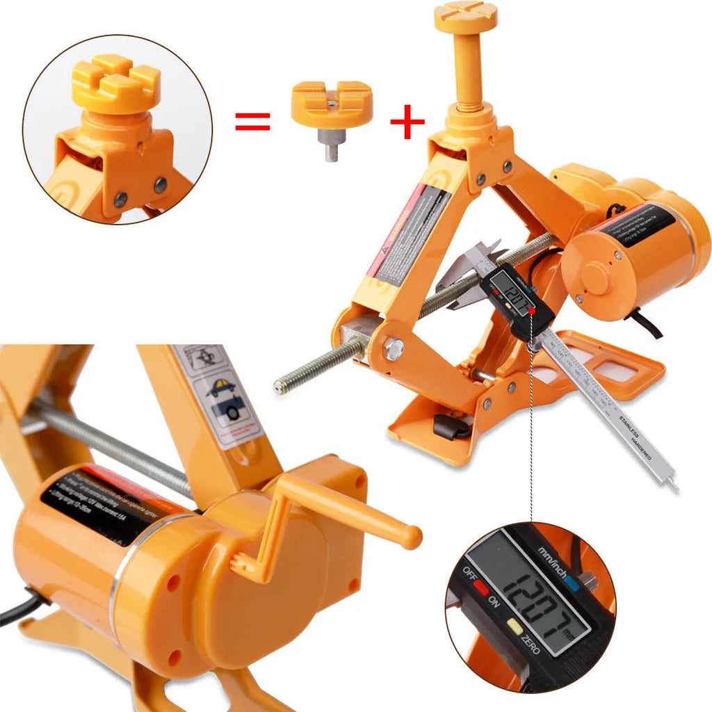 Yellow steel 12V electric car jack and wrench set for emergency tyre changes
