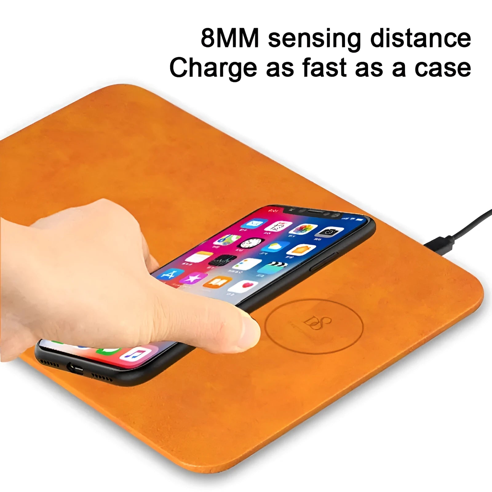Brown leather PU mouse pad wireless charger with Micro USB and 0–8mm charging distance