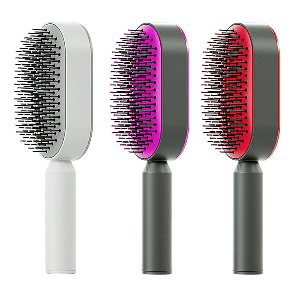 Self-cleaning hair brush with air cushion design in black gold, white, or black purple colours