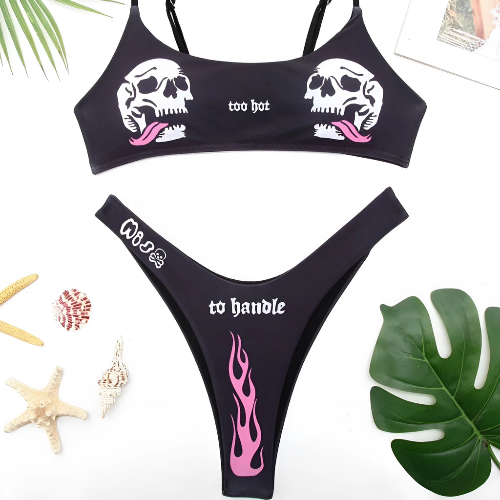 Women's printed bikini swimsuit set in black, high-elasticity polyester spandex backless brief style