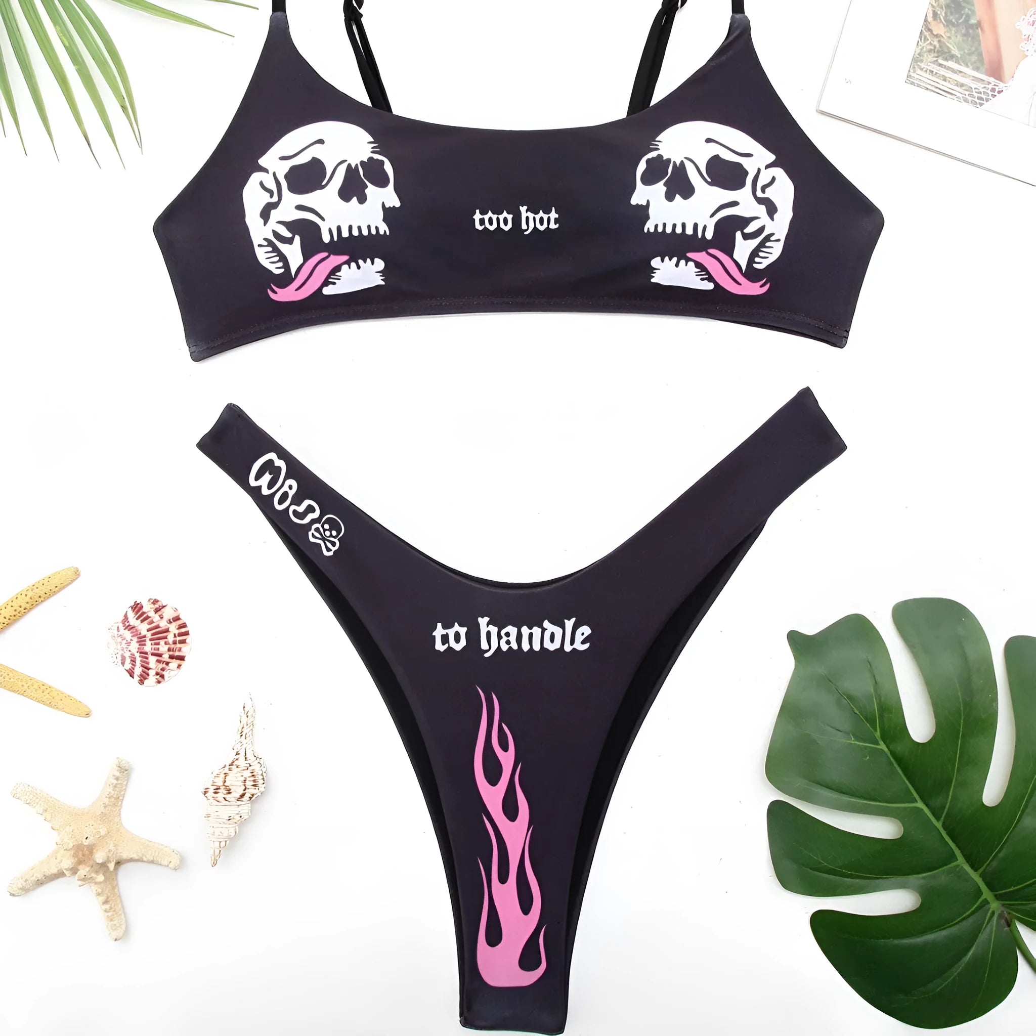 Women's printed bikini swimsuit set in black, high-elasticity polyester spandex backless brief style
