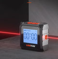 Longyun digital laser infrared tape measure with alloy casing and backlit display on a wooden workbench.