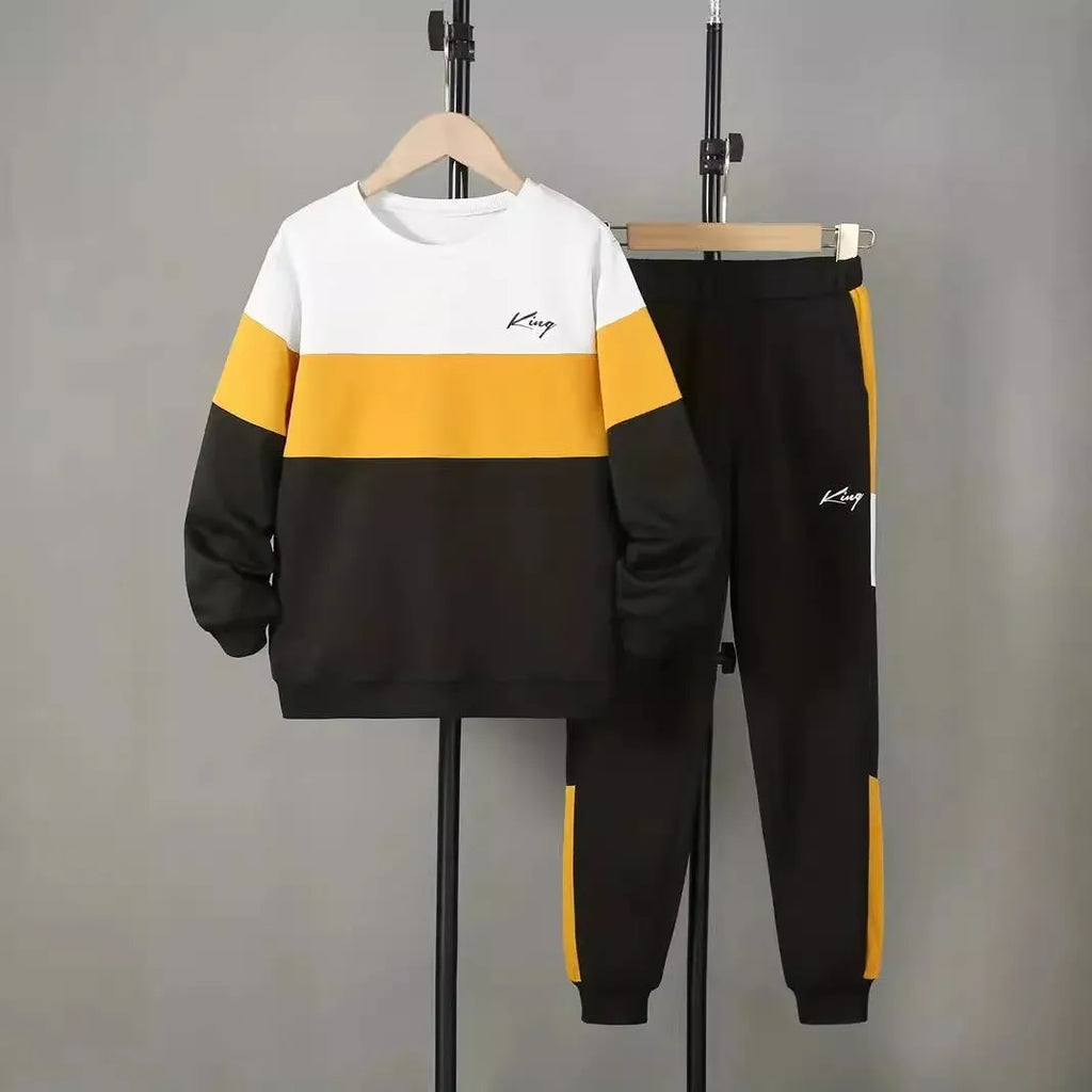 Design Sense boys cotton blend pullover hoodie and jogger trousers two-piece set in multicolour options