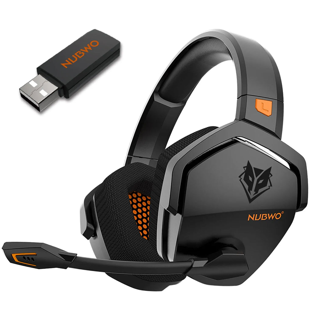 Black and orange wireless gaming headset with dual Bluetooth and 2.4G connectivity showing ear cushions and microphone.