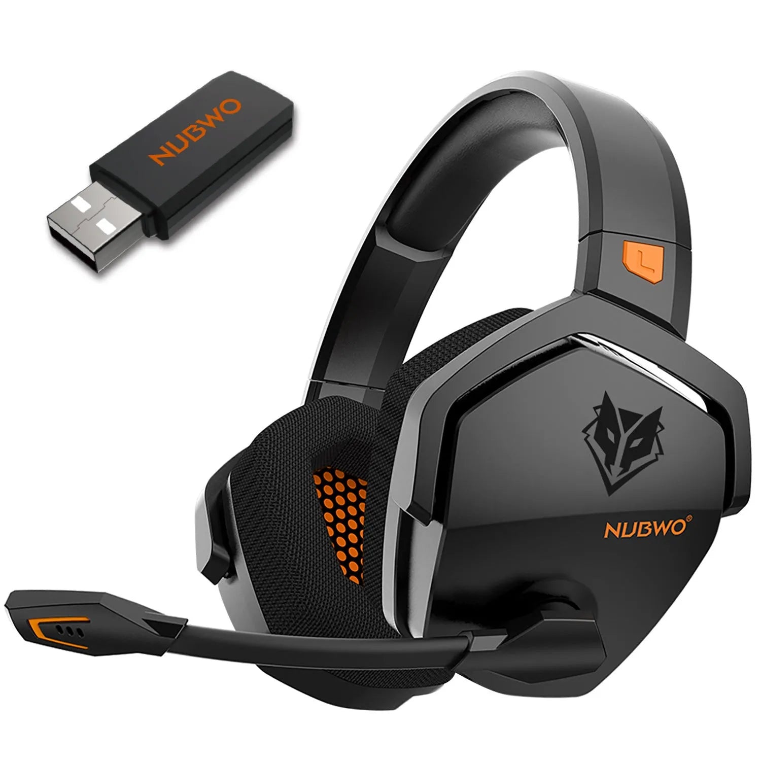 Black and orange wireless gaming headset with dual Bluetooth and 2.4G connectivity showing ear cushions and microphone.