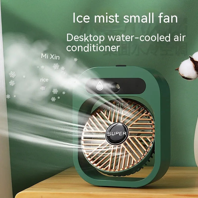 USB misting fan and humidifier in green or white, with three wind speeds and adjustable direction