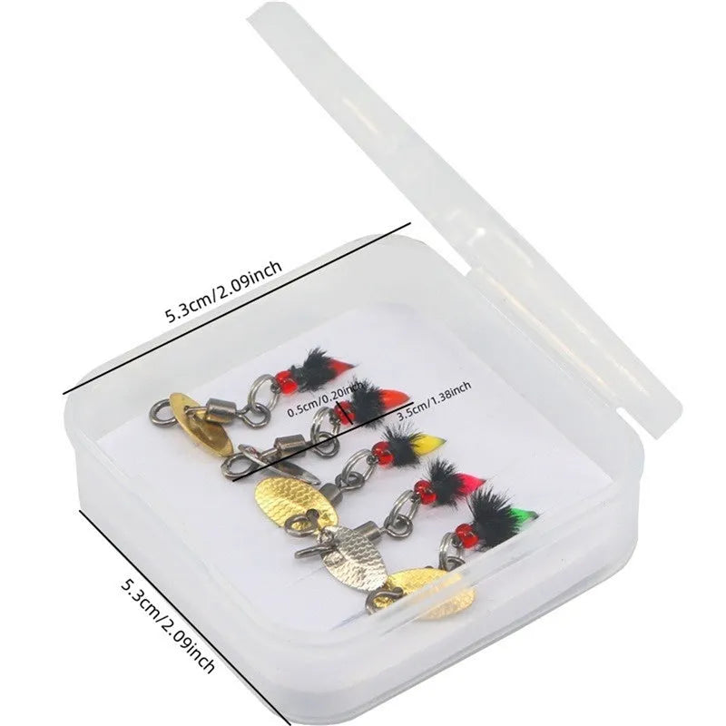 Five multicolour fishing hooks with poisonous mosquito and fly patterns and spinning sequins