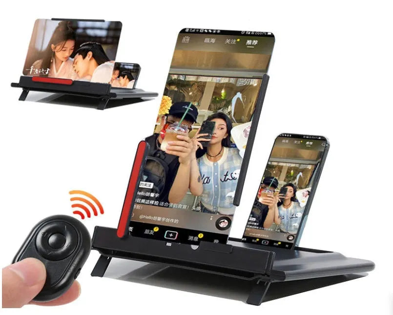 Black 12-inch pull-out screen amplifier showing horizontal and vertical phone bracket positions with Fresnel lens
