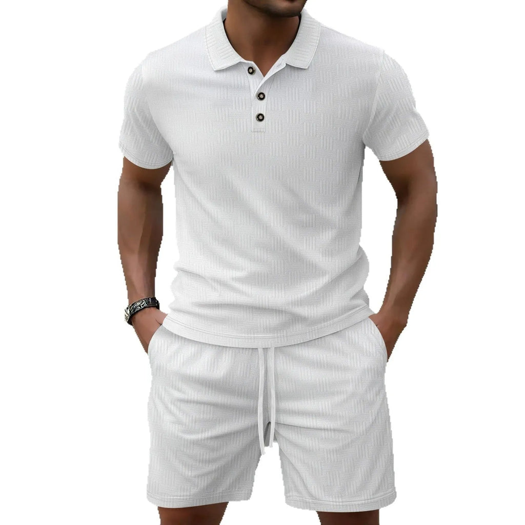 Men's light grey jacquard short sleeve casual suit with matching shorts laid flat