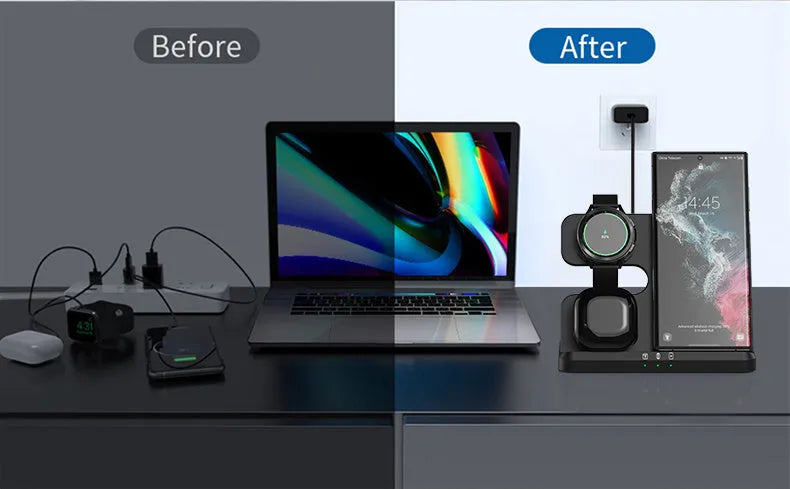 White vertical 3-in-1 wireless charging stand holding a mobile phone, a smartwatch, and wireless earbuds.