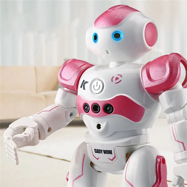 Remote control toy smart robot in blue with gesture sensing, dance, and eye lights