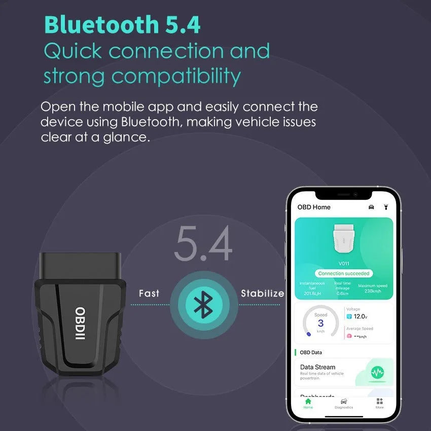 ELM327 V011 Bluetooth OBD2 diagnostic adapter with 9-16V range and -20 to 80°C operating temperature.