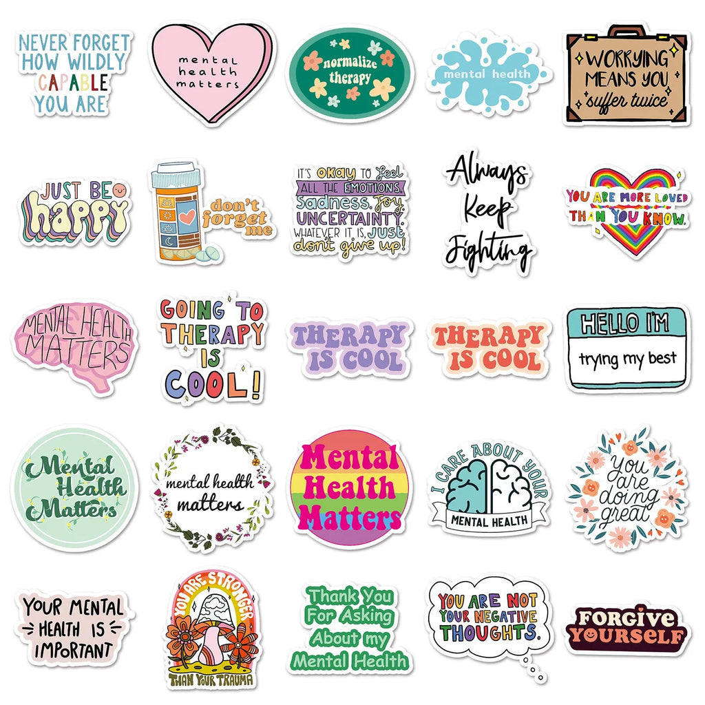 50 mental health graffiti stickers in English slogan designs, paper, 5.5-8.5cm, for phone cases and luggage