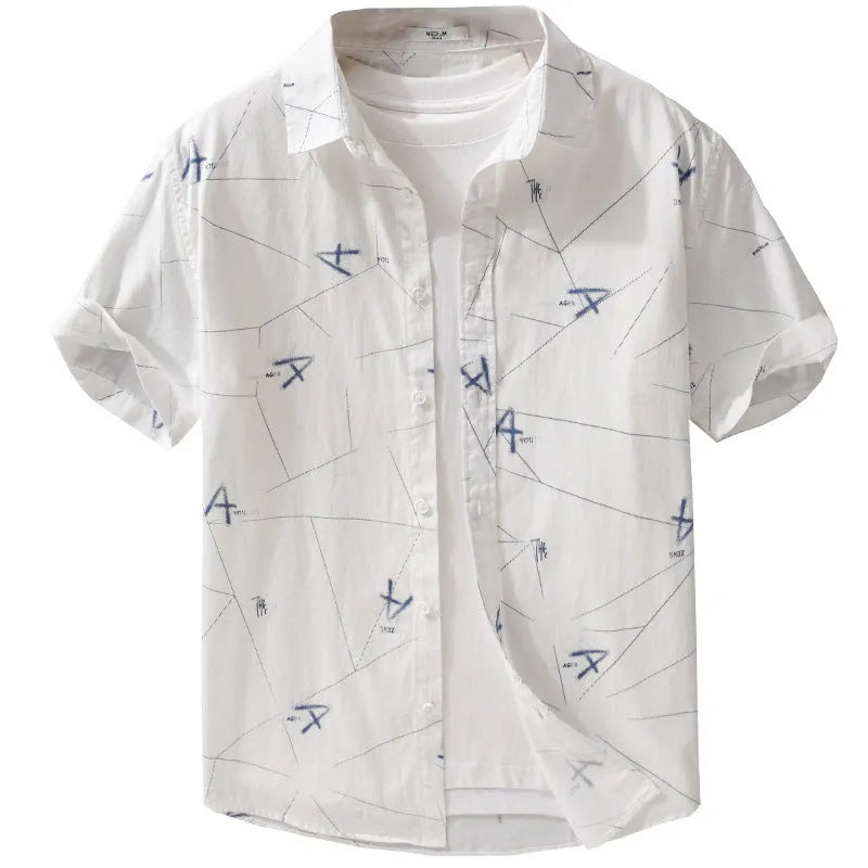 Men's light green pure cotton loose fit short sleeve cardigan shirt with letter print design