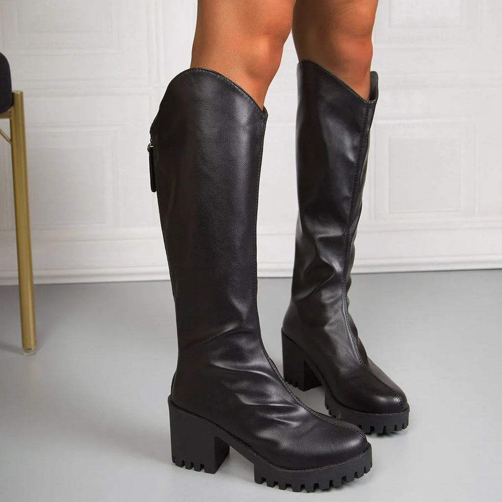 Black V-neck knee-high boots with chunky 6-8CM heel, back zipper, and waterproof platform, sizes 35-43.