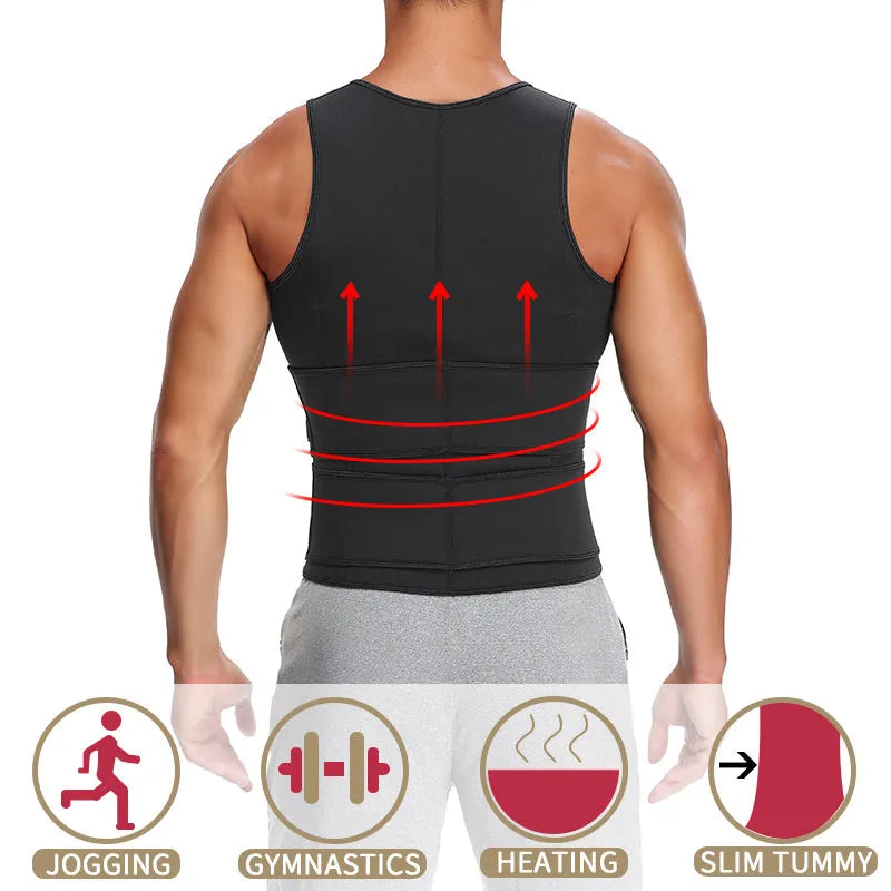 Men's double-belt waist trainer vest in black neoprene, front view, showing adjustable belts
