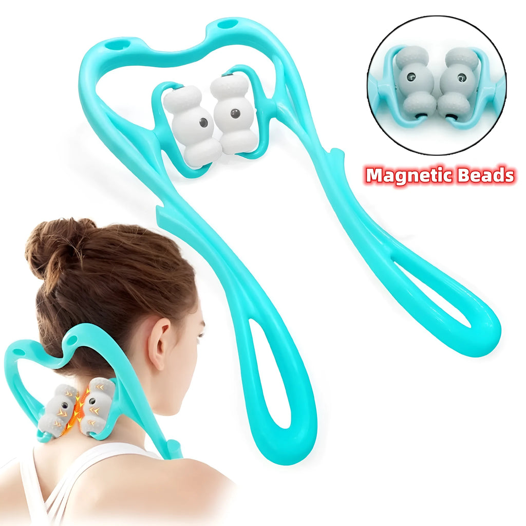 Blue handheld neck massager roller with pressure points on a grey background